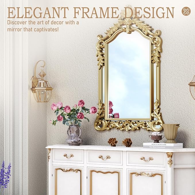 Large Gold Mirror for Wall Decor 30"x47" Vanity Antique Baroque Ornate Wall Mirrors Victorian Arched Mirror for Bathroom, Living Room, Entryway, Fireplace, Bedroom