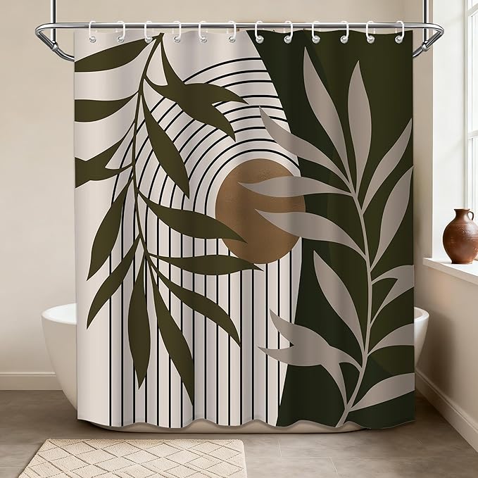 Taupe Shower Curtain Tan and Brown Boho Mid Century Modern Shower Curtains for Bathroom Decor Sets, Waterproof Fabric with Hooks, 70" W x 72" L