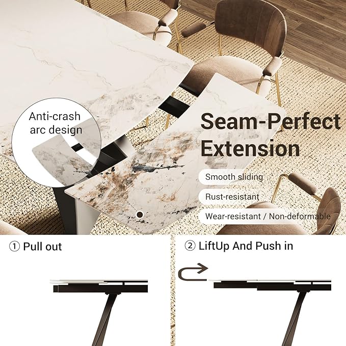 Extendable Dining Table with Leaf, 78"-110" Rectangular Sintered Stone, Marble-Look Top, Seats 6-14, Metal Base, Easy-Clean, Heat & Scratch Resistant, Dining Room/Kitchen Table for Family Gatherings