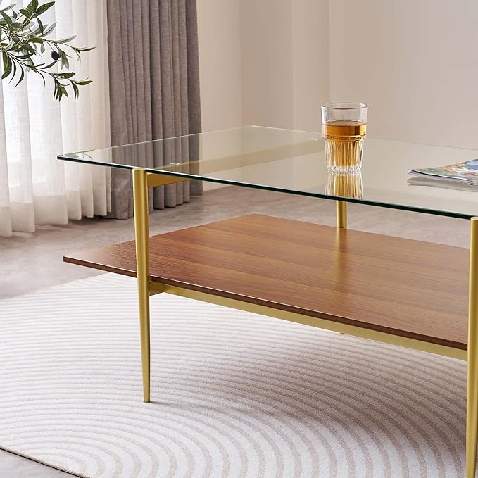 X-Large Rectangle Glass Coffee Table, Mid-Century Modern Design for Living Room, L47xW24xH17 inch, 2-Tier Structure, Clear Glass Top and Walnut MDF Shelf, Conical Metal Legs with Gold Finish