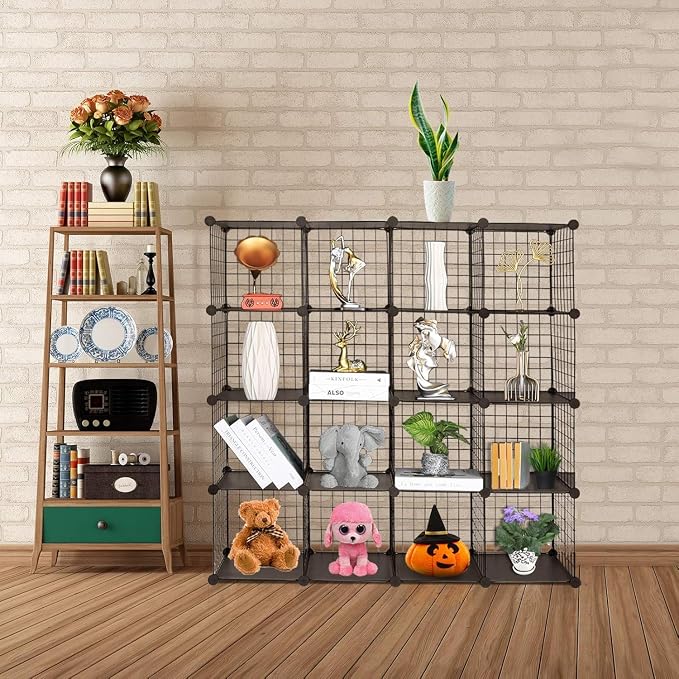 Wire Cube Storage Organizer, Metal Storage Shelves Bookshelf, Stackable Modular Closet Organizer for Bedroom Living Room, Office,Storage Shelves（16-Cube，Black）