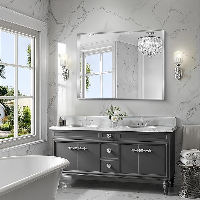 CIRCUMI Silver Bathroom Mirror, 36"x48" Rectangular Mirror with Deep Metal Frame, Brushed Finish, Tempered Glass, Large Mirror for Wall, Over 2 Sinks, Installed Vertically/Horizontally, Crystal-Clear