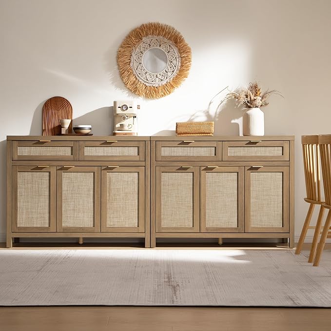 SICOTAS Rattan Sideboard Buffet Cabinet with Storage, Boho Credenza Accent Cabinet with 3 Doors and 2 Drawers, Farmhouse Console Coffee Bar for Kitchen Living Room Entryway, Caramel Oak, 2 PCS