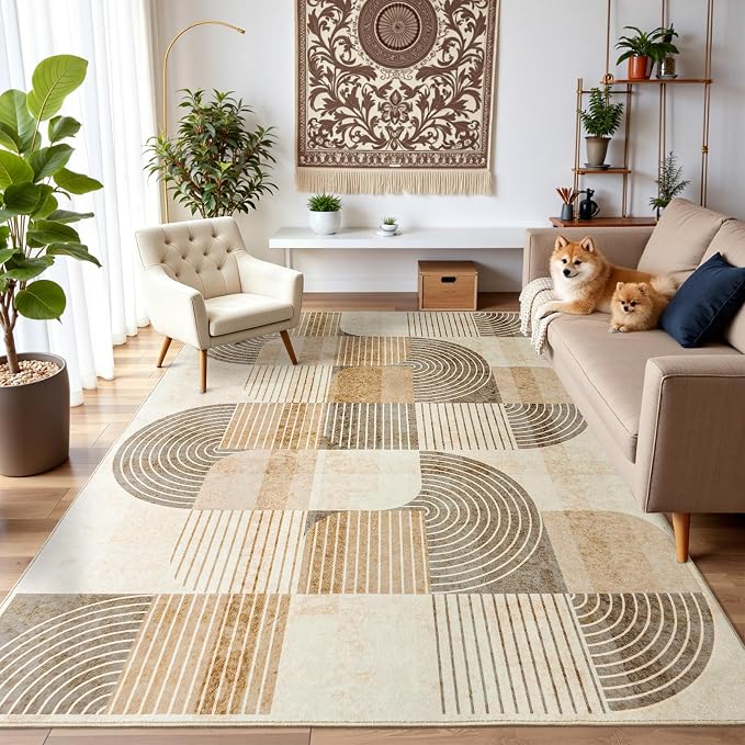 Area Rugs 5x7 Living Room -Washable Modern Geometric Neutral Beige Rug for Bedroom, Soft Non-Slip Indoor Floor Abstract Carpet for Dining Room Nursery Office
