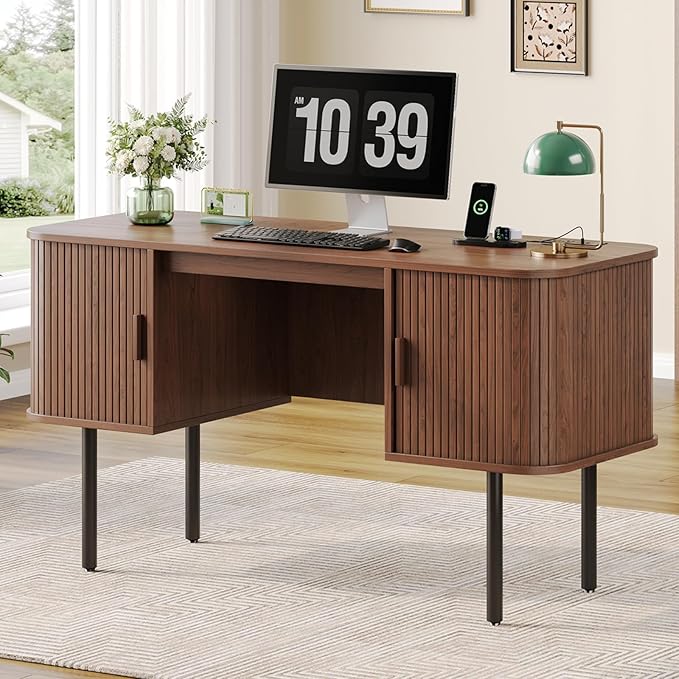 55 Inch Fluted Computer Desk with Power Outlets,Mid Century Wood Office Desk with Storge Cabinets & Sliding Door,Large Executive Desk for Office, Study, Living Room, Bedroom, Walnut