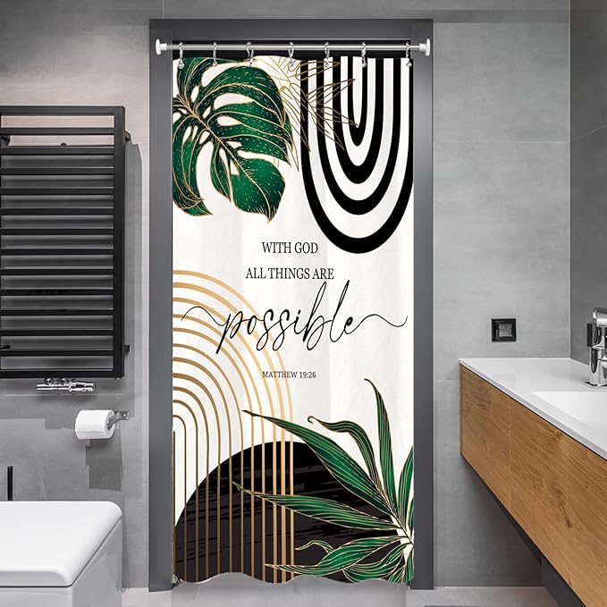 Miyotaa Stall Abstract Shower Curtain Set 36Wx71H Inches Modern Half Small Minimalist Aesthetic Bible Quotes Inspirational Contemporary Plant Leaves Tiny Bathroom Curtain with 12 Hooks