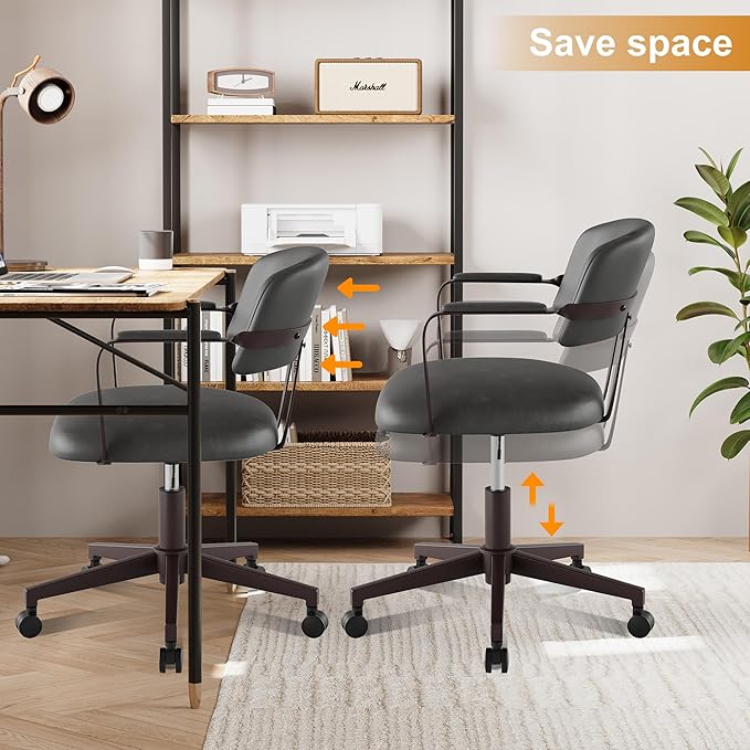 Home Office Desk Chair, Mid-Century Modern Desk Chair with Padded Arms, Adjustable Seat Height, Mid Back 360° Small Computer Chair with Mobile Mute Wheel, PU Leather (Dark Grey)