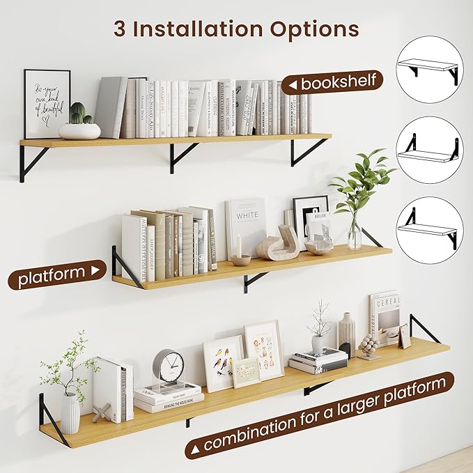 Axeman Deep Floating Shelves | 55 Inch Oak Wall Shelves Set of 2 | 10 Inch Deep Wood Floating Shelves for Wall | 55" W x 10" D Oak Shelves for Living Room Bathroom Kitchen