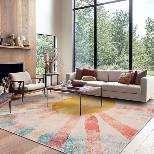 9x12 Boho Sun Area Rug Retro Orange Yellow Blue Beige Bedroom Rug Low Pile Thin Large Carpet Living Room Non Slip Dining Room Stain Resistant Office Washable Machine Classroom