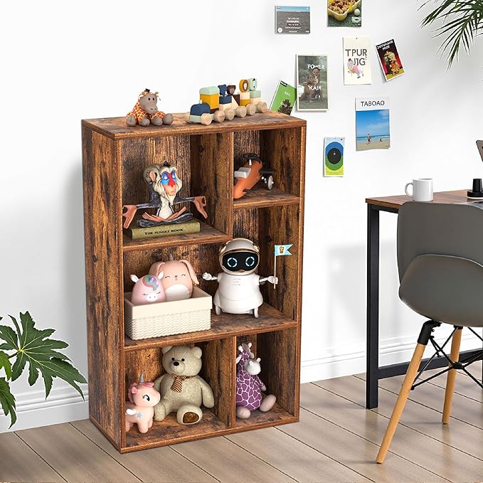 VECELO 5 Cube Modern Bookcases, 3 Tier Bookshelves, 31 Inch High Cubby Storage Organizer, Shelf Hight Up to 12.8 Inches Suit for Most Books, Vertical or Horizontal Use Available,Rustic Brown
