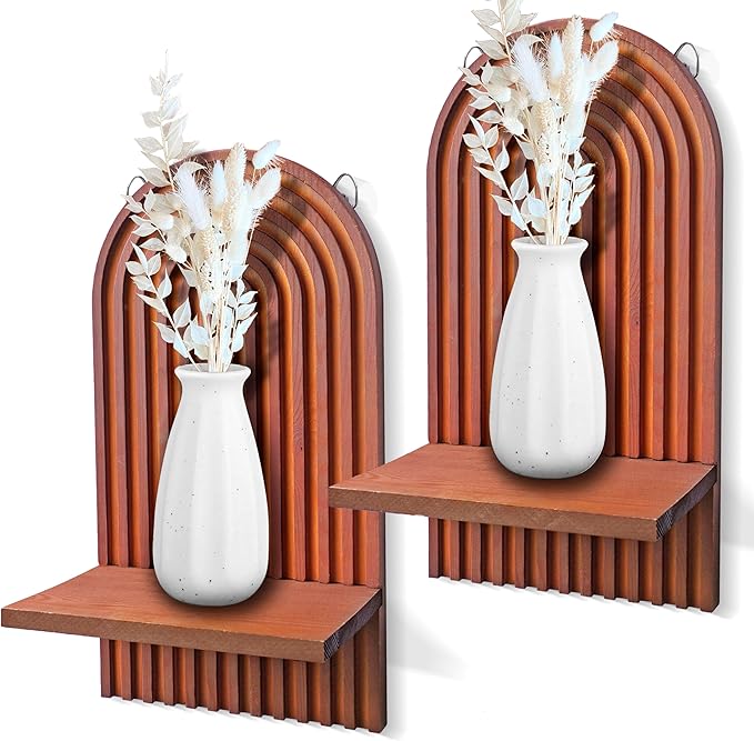 2 Pieces Boho Wall Shelf, Mid Century Shelves, Decorative Storage Unit, Decorative Bohemian Rainbow Hanging Shelves for Bathroom, Bedroom, Kitchen, Living Room, Laundry Room (Brick-Red)