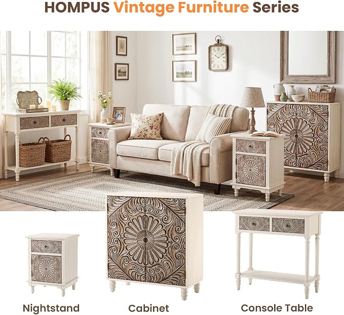 HOMPUS White Nightstand with Drawer & Storage, Fully-Assembled Flower Motif Night Stand for Small Spaces, 2 Drawer End Table with Storage for Living Room, Bedroom, Distress White