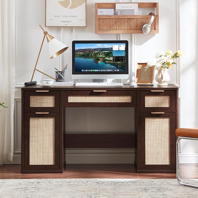 LEYAOYAO Office Desk 56" with 5 Drawers Storage File Cabinet Rattan Wood Desk for Computer Office Bedroom Home Furniture Dark Walnut