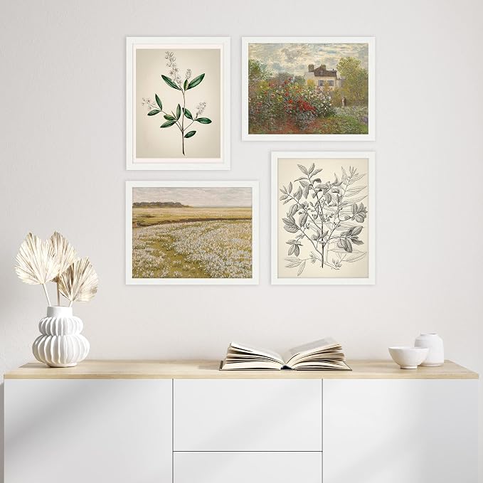 SIGNWIN Framed Poster Bathroom Decor 11"x14"x 4 White, Wall Art Room Decor Multicolor for Living Room, Bedroom, Office Autumn Spring Rustic Flower Landscape Classic Vintage Retro Illustrations