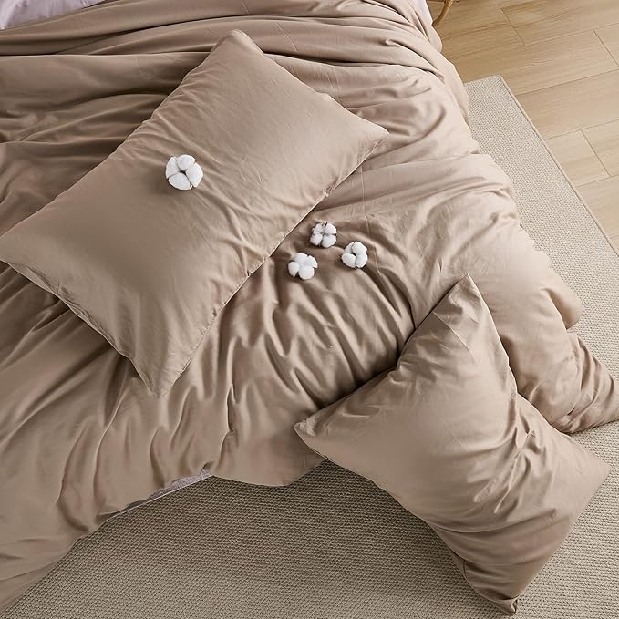 100% Cotton Duvet Cover Queen Size - Taupe Comforter Cover with Super Soft Comfortable Chic Lightweight 3 PCs Home Bedding Set