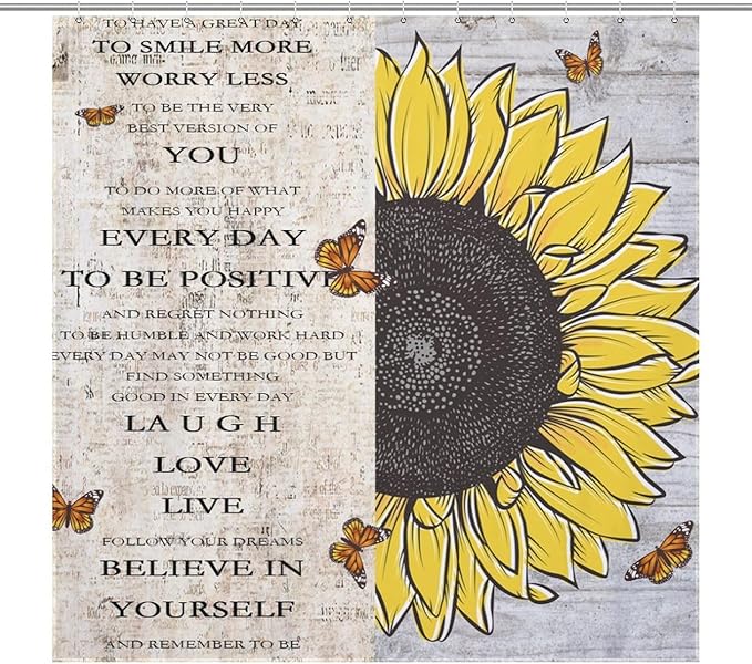 Inspirational Quotes Sunflowers Butterfly Shower Curtain,Vintage Old Newspaper Board Background Sunflower Animals Waterproof Shower Curtains for Bathroom Decor 12 Pack Hooks 72x72in (183x183cm)