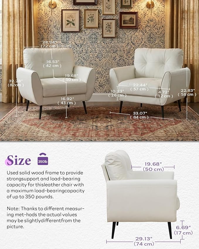 TYBOATLE Accent Chair Comfy Modern Living Room Chair White Leather Reading Accent Chairs Tufted Mid Century Moden Arm Chair Small Salon Chair for Office Bedroom (1, White)