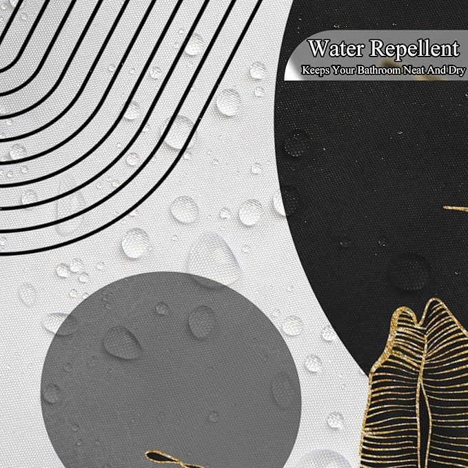 Mid Century Boho Shower Curtain, Abstract Modern Sun Minimalist Aesthetic Shower Curtain, Bohemian Geometric Arch Curve Leaves Neutral Art Fabric Bathroom Curtains Black 48x72 inch