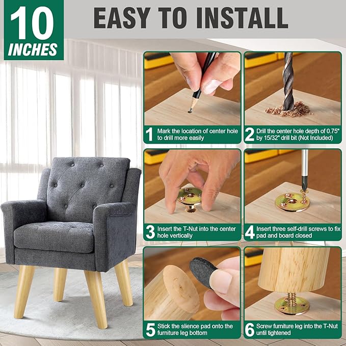 FoDau770 Rubber Wood Furniture Legs 10 Inches, 5/16" UNC Slant Tapered Wood Feet Mid Century Sofa Legs, Wooden Furniture Feet Replacement Parts for Cabinet Couch Dresser Chair Ottoman Table