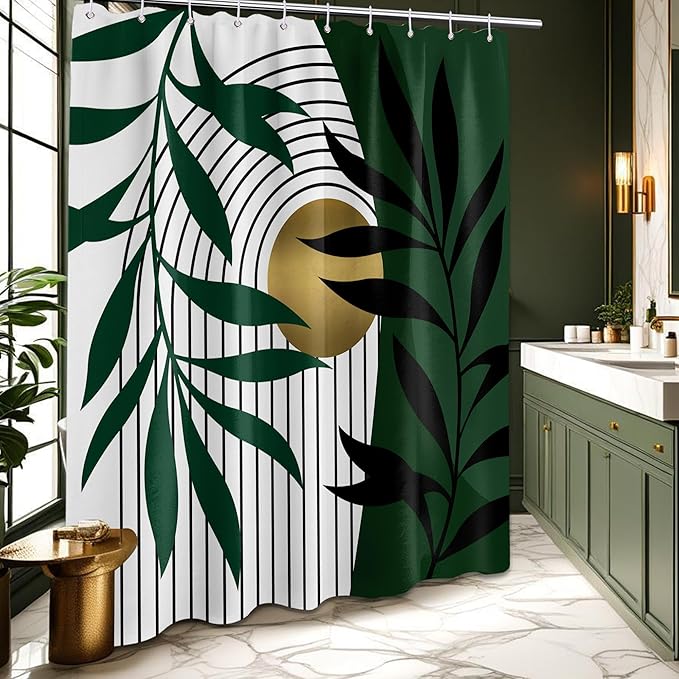 Olive Green and Gold Shower Curtain, Boho Modern Mid Century Shower Curtains for Bathroom Decor, Waterproof Fabric with Hooks, 60" W x 72" L (Pack of 1)