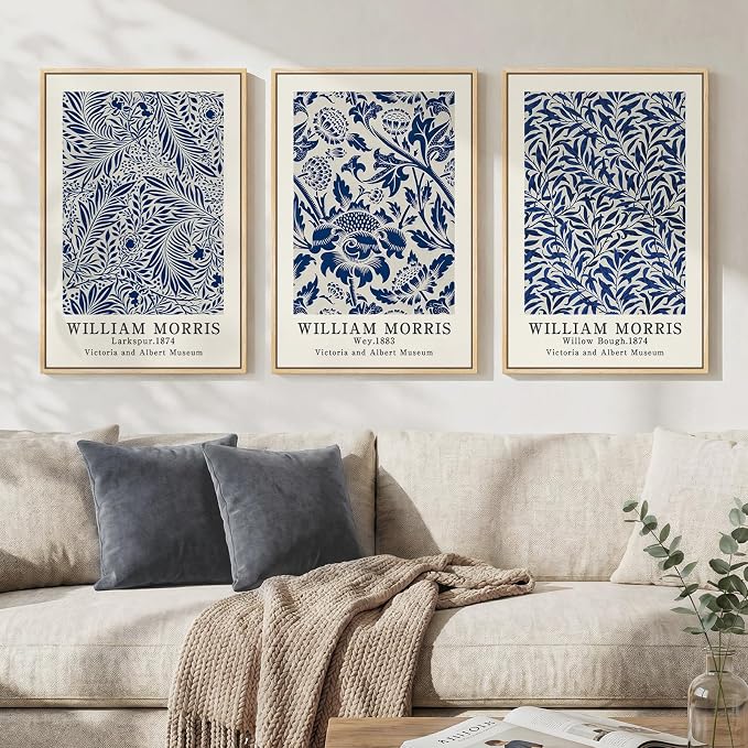 Framed Large William Morris Wall Art Set of 3, Vintage Blue Botanical Floral Canvas Wall Decor Painting, Farmhouse Aesthetic Artwork Prints for Living Room, Bedroom, Hallway, Office, Total Size 30x60