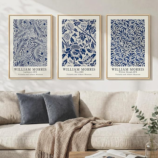 Framed Large William Morris Wall Art Set of 3, Vintage Blue Botanical Floral Canvas Wall Decor Painting, Farmhouse Aesthetic Artwork Prints for Living Room, Bedroom, Hallway, Office, Total Size 30x60