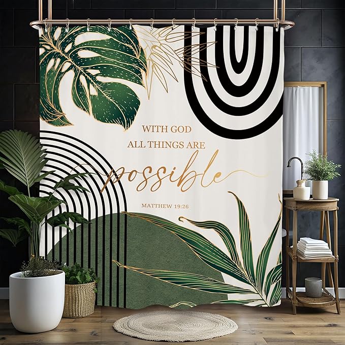Miyotaa Emerald Sage Green Abstract Shower Curtain Set 60Wx71H Inches Minimalist Aesthetic Modern Contemporary Plant Quotes Bible Positive Polyester Waterproof Bathroom Curtain with 12 Hooks