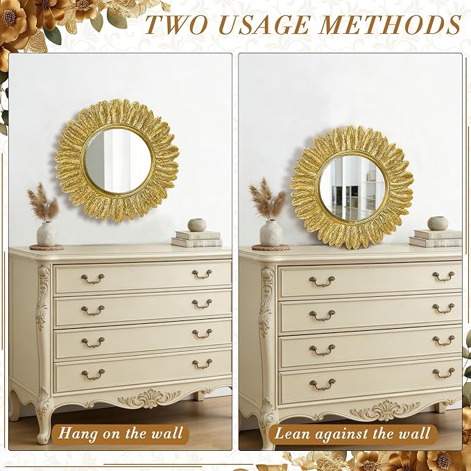 Pack of 1 Gold Round Wall Mirror 12 inch - Small Feather Decorative Wall Mirror,Vintage Sunburst Boho Wall Decor Mirror for Bedroom,Living Room,Entryway,Hallway,Dressing Table