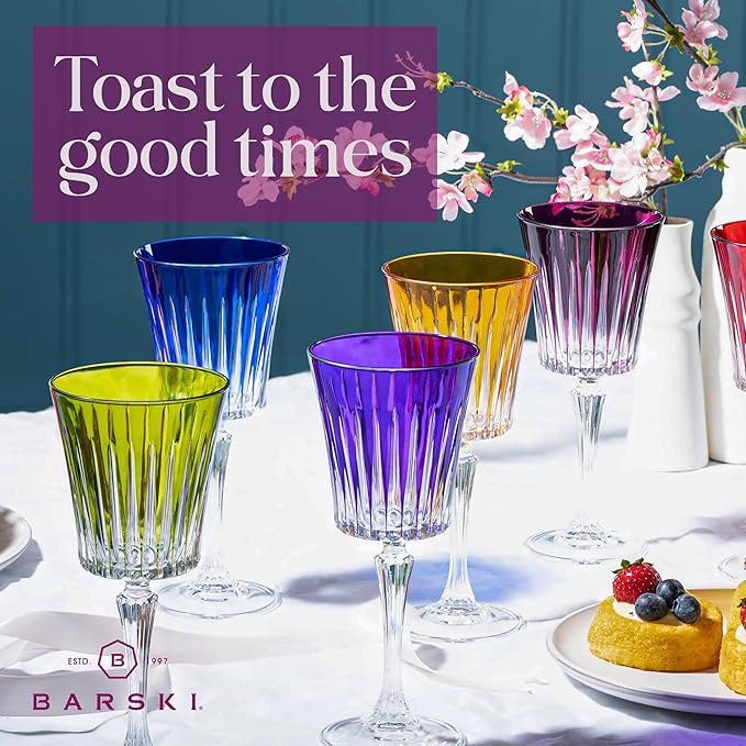 Barski European Colored Wine Glasses - Set of 6 Wine Goblets for Red or White Wine - Elegant Glassware Water Goblets - Gift Ready Stemware, Colorful Wine Glasses, 7.5 oz, Assorted