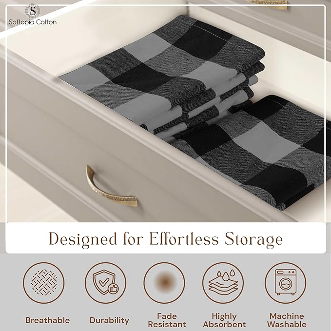 4 Pack Light Grey and Black Buffalo Check Kitchen Towels, 16"x26", Plaid Dish Towels, Absorbent Cotton Cloths for Drying Hands, Cleaning Spills, Farmhouse Kitchen Décor, Holiday