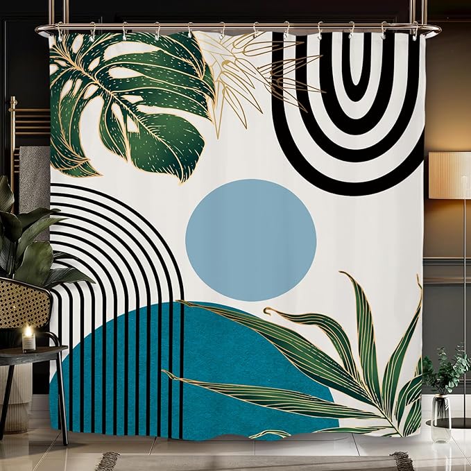 Miyotaa Abstract Teal Blue Shower Curtain Set 60Wx71H Inches Minimalist Aesthetic Modern Contemporary Geometric Plant Polyester Waterproof Cloth Bathroom Curtain with 12 Hooks