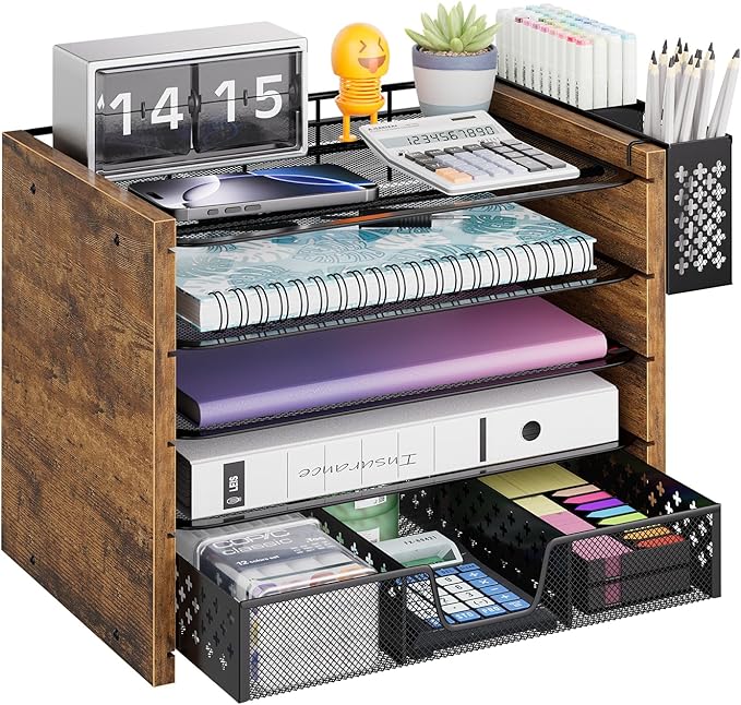 Simple Trending 5-Tier Paper Organizer Letter Tray, Wood Desk Organizers and Accessories with Drawer & Pen Holder for Home Office School