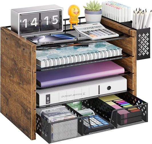 Simple Trending 5-Tier Paper Organizer Letter Tray, Wood Desk Organizers and Accessories with Drawer & Pen Holder for Home Office School