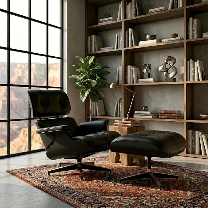 Mid Century Chaise Lounge Chair with Ottoman, Top Black Grain Leather, Modern Office Chair Classic Design, Heavy Duty Base Support for Living Room Study Lounge Office