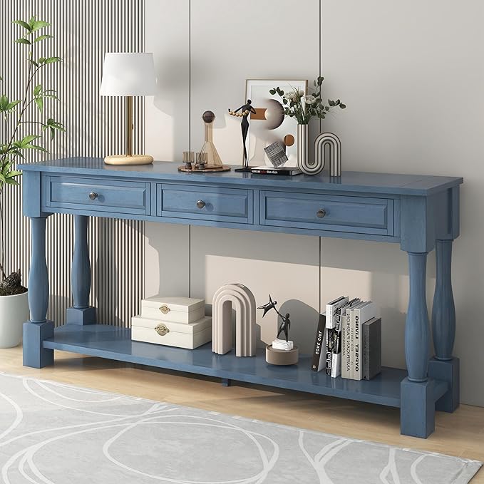 Merax Long Console Table with 3 Storage Drawers, Entryway Table with Pine Wood Frame and Legs, Sofa Table with Bottom Shelf for Entryway Living Room, Easy Assembly, Navy