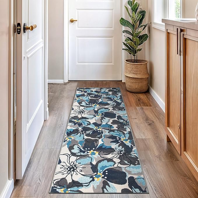 Rugshop Gray Large Floral Non-Slip Runner Rug Fade Resistant for Hallway, Entryway and Kitchen, 2'7" x 12'