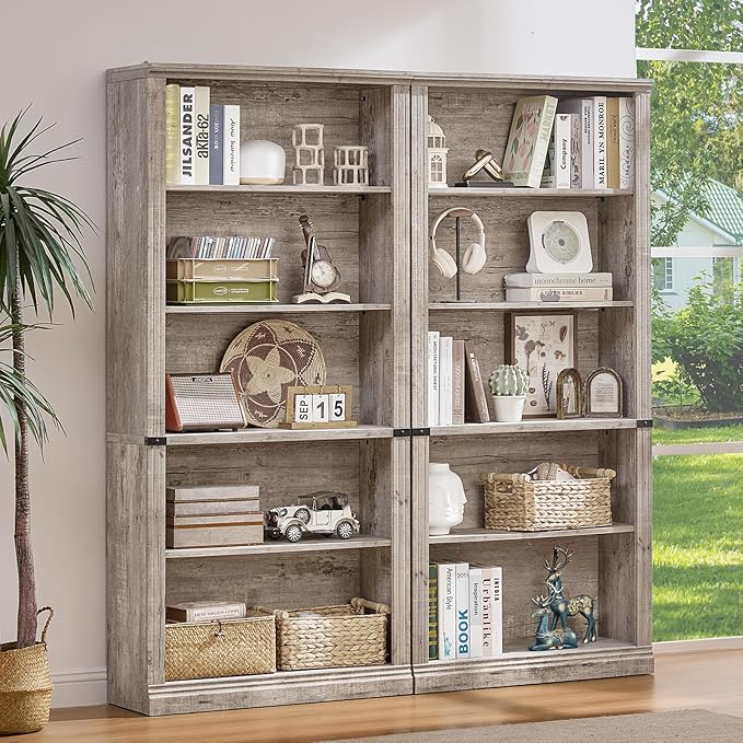 70" Grey Tall Bookshelf,5-Tier Thick Wooden Book Shelf with Adjustable Shelves,Free Standing Farmhouse Bookcase with Open Display Storage,Floor Vintage Bookshelves for Living Room,Office