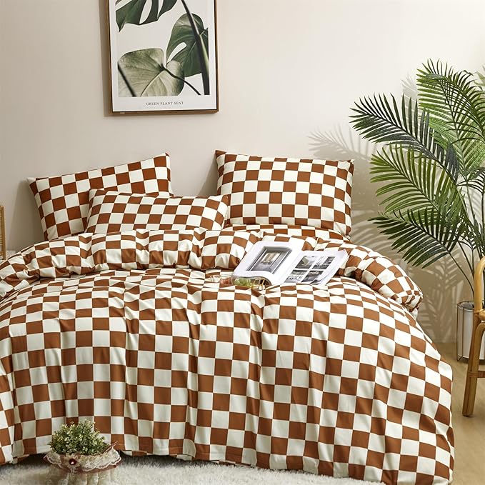 Pureant Pumpkin White Plaid Comforter Set Twin Brown and White Checkered Bedding Comforter Soft Women Girls Brown Checkerboard Grid Quilts Twin Size Boho Pumpkin Buffalo Plaid Comforter Geomertic