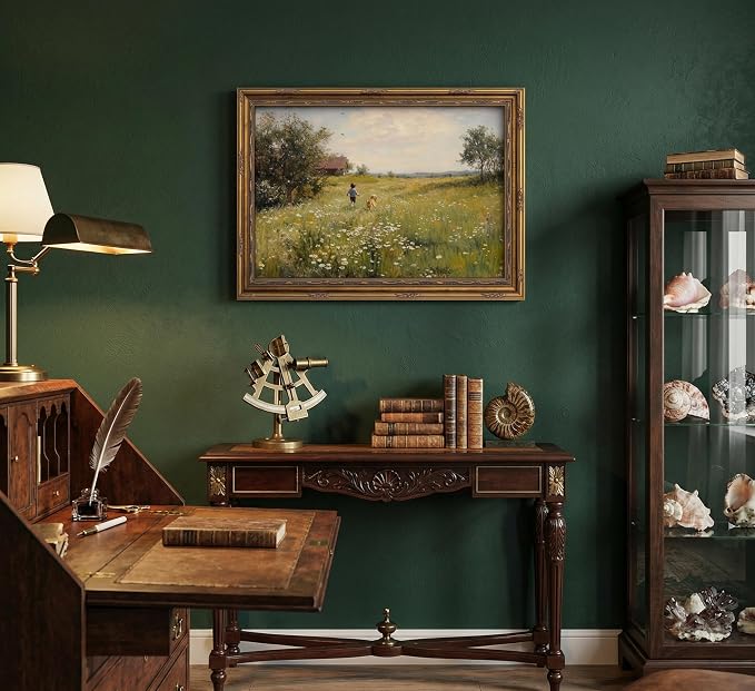 Vintage Gold Framed Wall Art Dog and Boy Landscape Painting Canvas Prints Retro Country Farmhouse Prints Artwork Rustic Wildflower Meadow Wall Decor for Kids Bedroom Living Room Decor12x16in