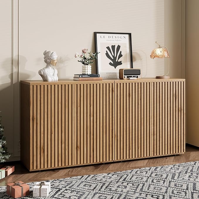 Rophefx Fluted Sideboard Cabinet, 63" Buffet Cabinet with Storage, Credenza Storage Cabinets with Adjustable Shelf, Wood Entryway Cabinets with Pop-up Doors for Living Room, Entryway, Hallway, Oak
