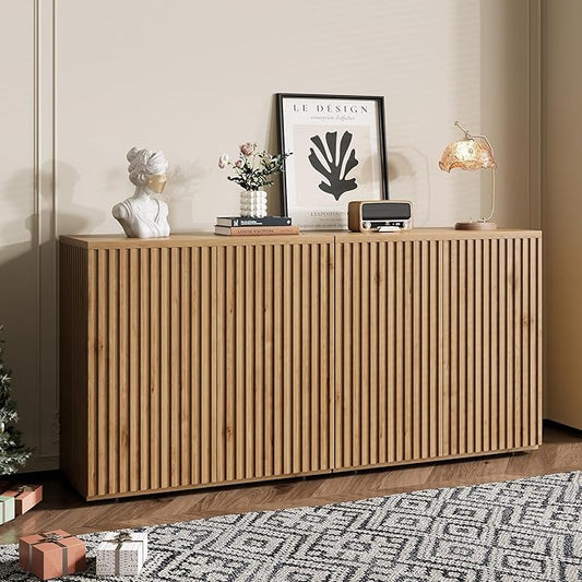 Rophefx Fluted Sideboard Cabinet, 63" Buffet Cabinet with Storage, Credenza Storage Cabinets with Adjustable Shelf, Wood Entryway Cabinets with Pop-up Doors for Living Room, Entryway, Hallway, Oak