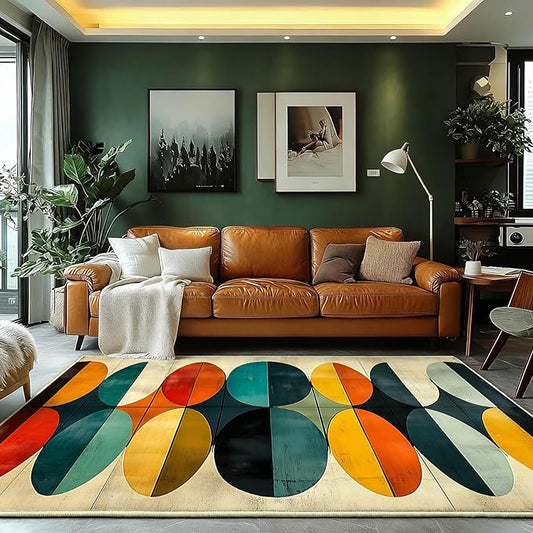 9x11 Geometric Rug, Mid Century Modern Rug for Living Room, Colorful Geometric Rugs, Mid Century Rugs, Abstract Carpet, Non-Slip Washable Carpet, Abstract Bedroom Kitchen