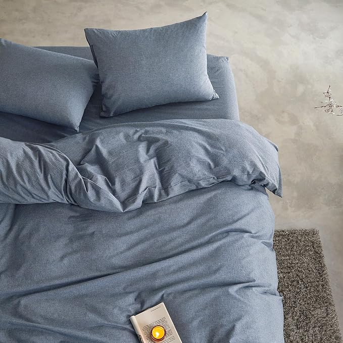 Wake In Cloud - Cotton Duvet Cover Set, 100% Washed Cotton, Linen Like Textured, Breathable Durable Comfy Farmhouse Neutral Bedding Set, 3 Pieces, Denim Blue, Full Size
