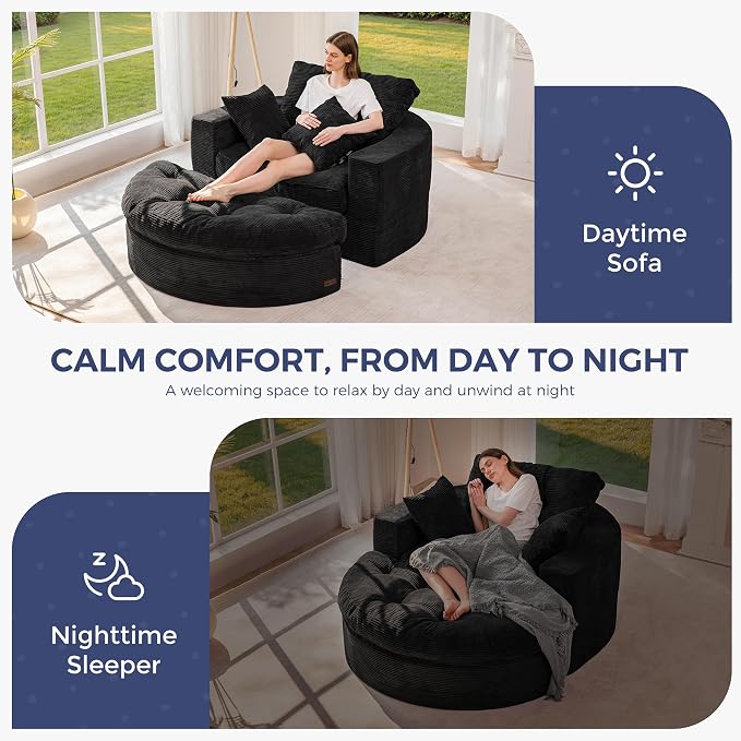 MAXYOYO Oversized Round Chaise Lounge Sofa, Upholstered Lounge Chair with 3 Pillows, Boneless Sofa Couch with Ottoman, Deep Seat Chair for Living Room, Bedroom, No Assembly, Black