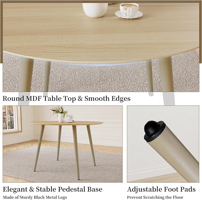 43.3 Inch Round Dining Table Set for 4, Modern Small Kitchen Coffee Set for Dining Room Kitchen Apartment (Cream Table + 4 Grey Chairs)