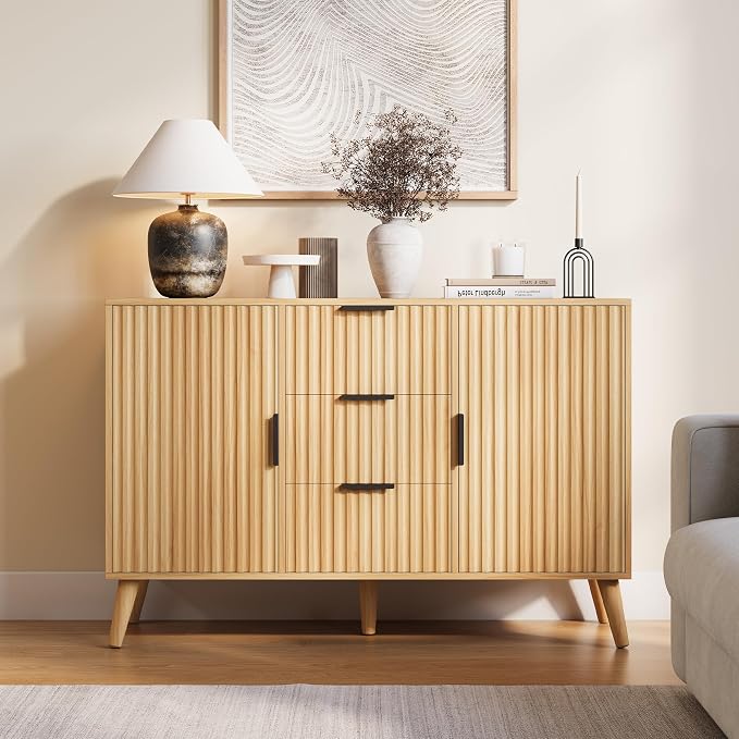 47.2" Fluted Sideboard Buffet Cabinet with 3 Drawers, Modern Sideboard Cabinet with Storage, Large Storage Cabinets with 2 Doors Accent Credenza for Kitchen|Living Room|Entryway, Natural
