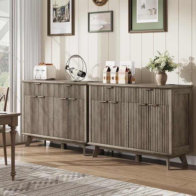 QUW Fluted Buffet Sideboard Cabinet with Storage, 47.2" Kitchen Cabinet with Drawers and Adjustable Shelves, Modern Coffee Bar with Charging Station, for Dining Room, Living Room, Grey