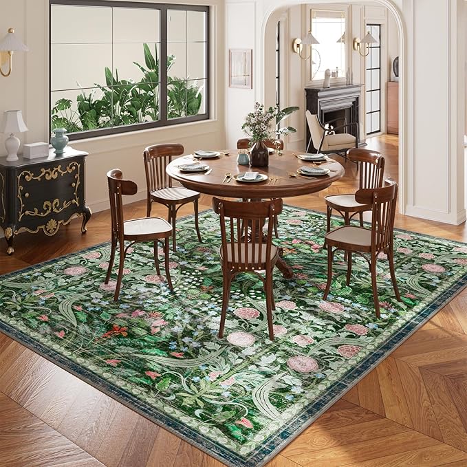 AMTOVO 9x12 Washable Area Rugs for Living Room, Non-Slip&Non-Shedding Floral Large Soft Boho Vintage Print Carpet for Bedroom Girls Room Dorm Dining Room Farmhouse Nursery Home Office, Dark Green