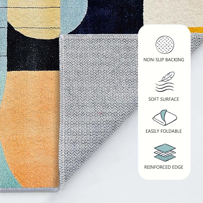 9x12 Colorful Area Rug Modern Abstract Orange Yellow Pink Blue White Beige Black Bedroom Rug Low Pile Thin Large Carpet Living Room Non Slip Dining Room Stain Resistant Office Washable Machine