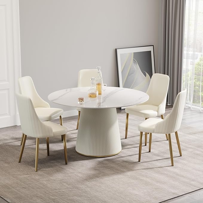 Leavader Modern Round Dining Table Set- 53" Sintered Stone Dining Table with Cream White Cylindrical Base, 7-Piece Marble Round Dining Room Set for Kitchen, Restaurant